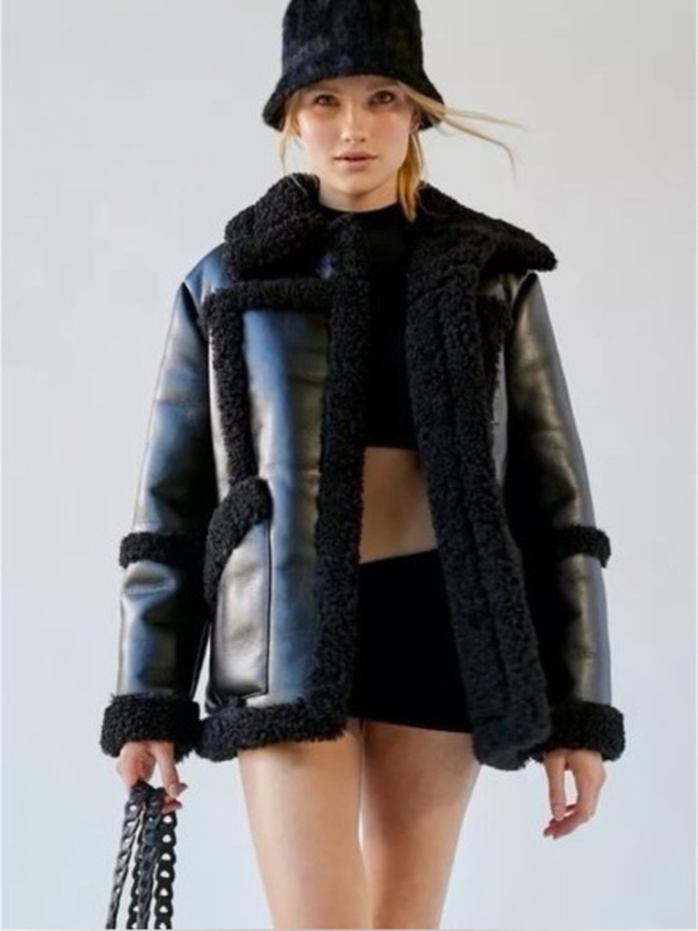 Urban Outfitters Black Faux Leather Shearling Jacket